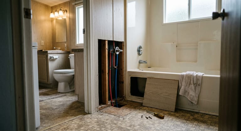 An access panel removed at the tap end of a one piece tub and shower surround in a mobile home bathroom, showing the valve body and PEX lines behind it.