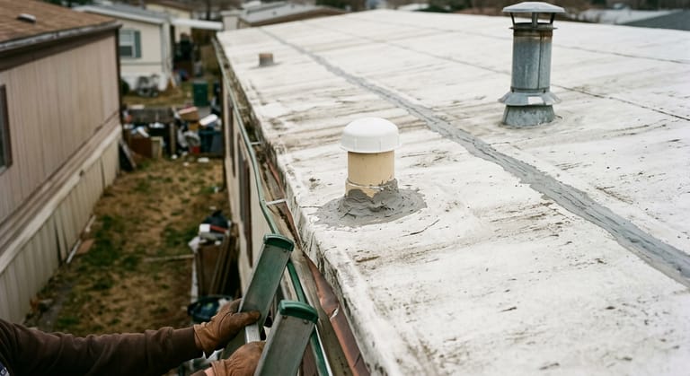 A short capped drain vent pipe and a taller metal flue on the low pitched roof of a manufactured home.