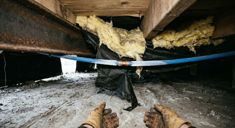 A frost covered PEX water line running through a torn open underbelly beneath a manufactured home.