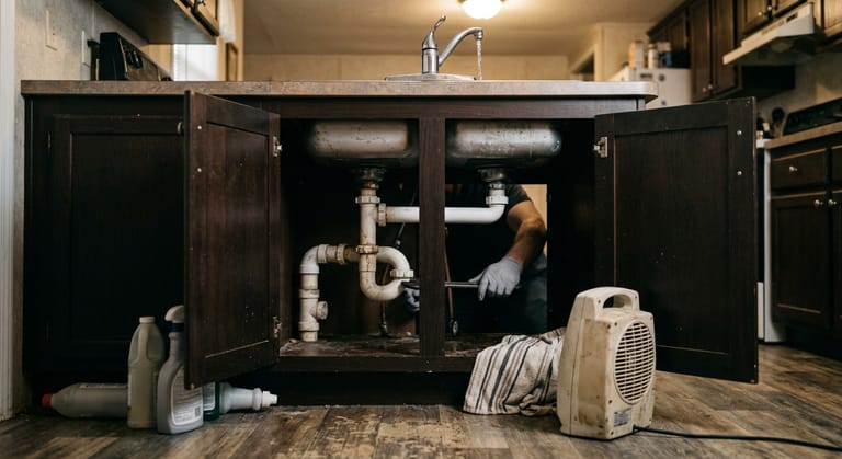 An open kitchen sink cabinet in a manufactured home with the trap exposed and the faucet left running a thin trickle.
