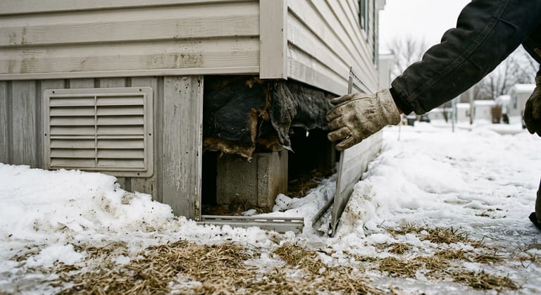A gloved hand setting a vinyl skirting panel back into its track on a manufactured home with snow banked against the base.