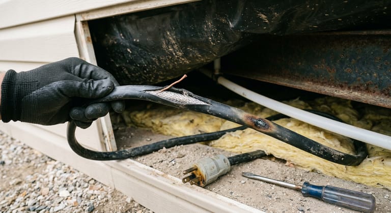 A gloved hand holding old heat tape with a split jacket, exposed braid and a scorched patch, next to a plug with discolored prongs.
