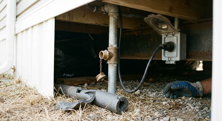 A heat tape plug in a weatherproof outdoor receptacle mounted under the floor of a mobile home, next to the galvanized fresh water riser.
