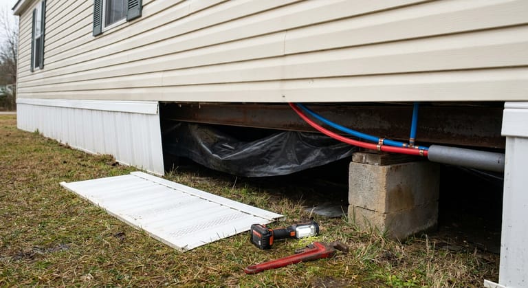 An open skirting panel on a single-wide manufactured home showing the black belly wrap and red and blue PEX supply lines running underneath the floor.