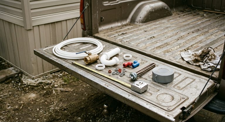 Plumbing parts for a manufactured home laid out on a pickup tailgate, including small supply tubing, a ball valve, a plastic trap, PEX fittings and belly tape.