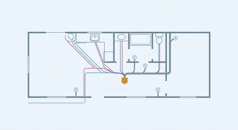 Flat overhead diagram of a single wide mobile home floor showing supply branches, one waste spine running to a single drain outlet, and vent risers.