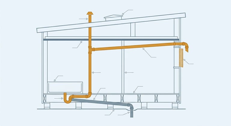 Flat side section diagram of a mobile home showing a floor trap, trap arm, vent riser through the roof and the alternative sidewall vent terminal.