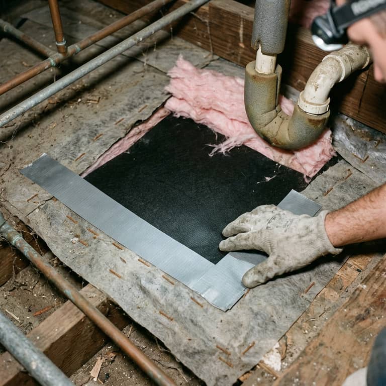 A gloved hand taping a black bottom board patch over a cut opening under a manufactured home floor, with fresh insulation tucked into the cavity above.