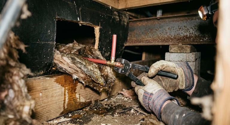 Gloved hands crimping a fitting on a red PEX line under a manufactured home, with the bottom board cut open and wet insulation pulled aside.