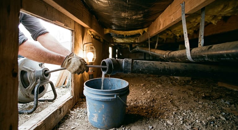 A cleanout plug backed out of a black ABS drain line under a mobile home with a drain machine cable feeding in and a bucket catching waste water.