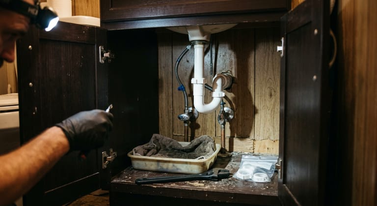 The inside of a manufactured home vanity cabinet showing a plastic P trap, tailpiece and two small stop valves on the supply stubs.