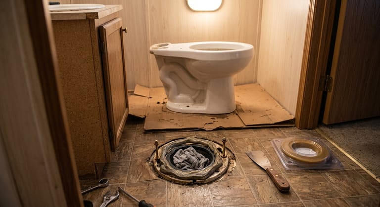 A closet flange with old wax and brass bolts exposed on a mobile home bathroom floor after the toilet has been lifted off onto cardboard.