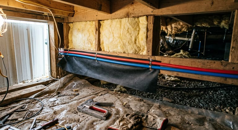 New fiberglass insulation set above red and blue PEX supply lines in an open joist bay under a manufactured home.