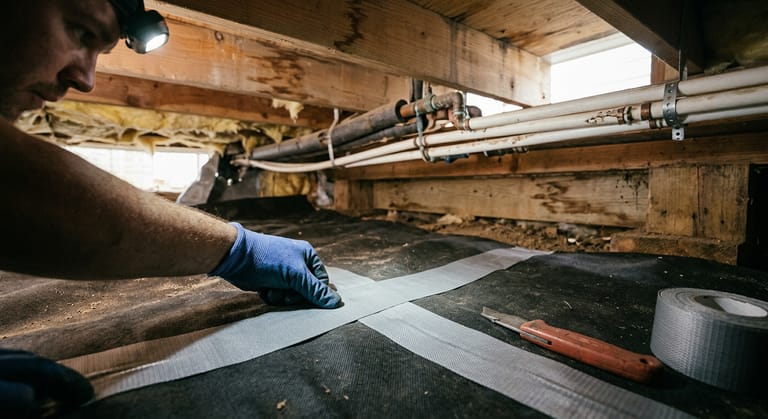 A gloved hand pressing wide repair tape along a split in the black underbelly fabric of a manufactured home.