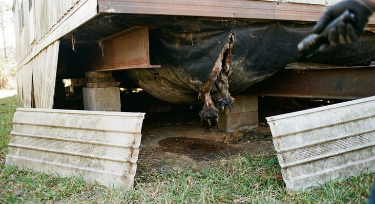 A split, sagging underbelly beneath a manufactured home with wet insulation hanging through the tear.