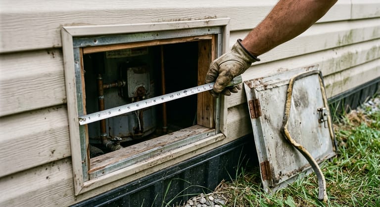 A tape measure stretched across the framed opening of a mobile home water heater compartment, with the removed metal access panel leaning against the siding.