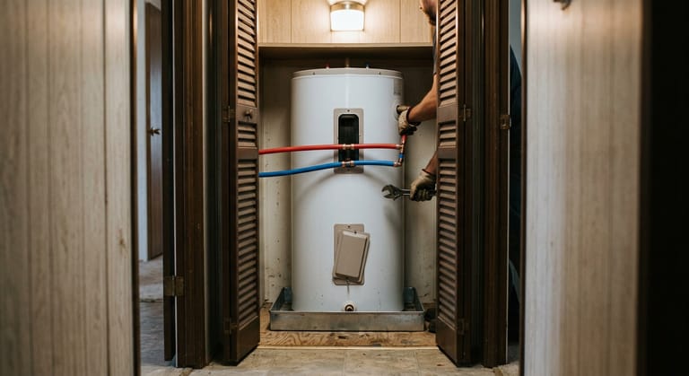 Compact electric water heater in a narrow mobile home closet with red and blue PEX lines entering the side of the tank and a drip pan underneath.