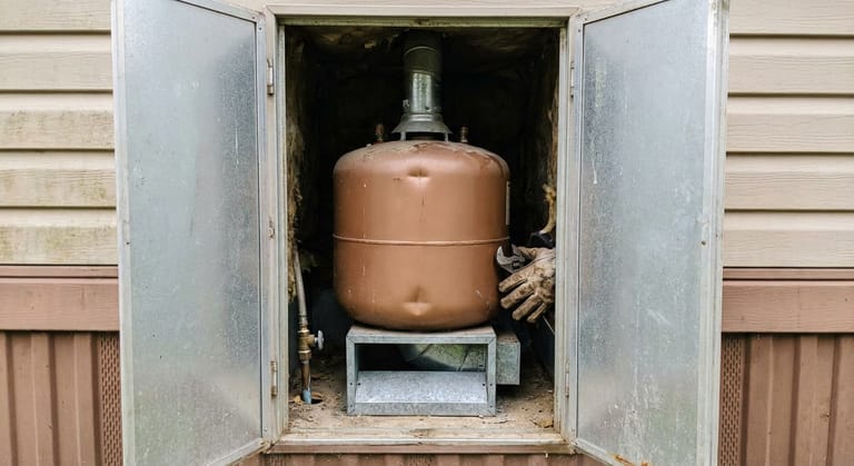 A compact gas water heater seen through the open exterior access door of a manufactured home compartment, standing on its sheet metal air duct base.