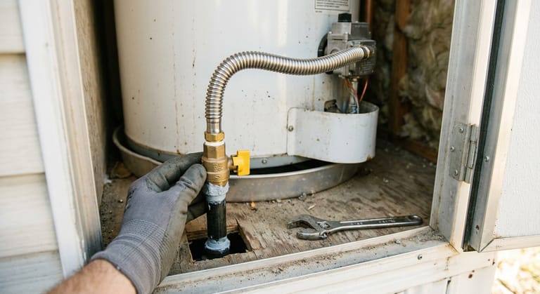 A yellow handled gas shutoff valve and a stainless connector at the base of a mobile home water heater, with a gloved hand steadying the valve body.
