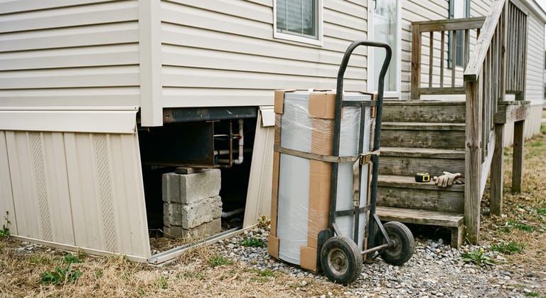 A new compact water heater wrapped in plastic and strapped to a hand truck beside the steps of a mobile home, with vinyl skirting and a pier visible behind.