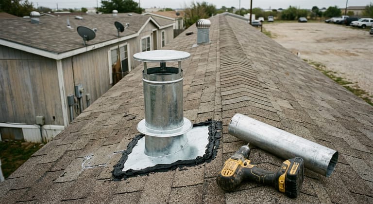 A round metal roof jack and rain cap on the low slope shingle roof of a mobile home with fresh sealed flashing around it.