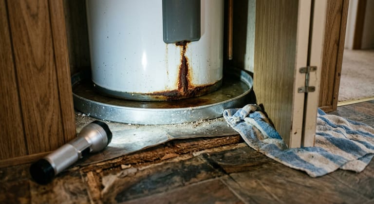 Water standing in the drip pan beneath a rust stained water heater in a mobile home closet, with the vinyl floor lifting at the threshold.
