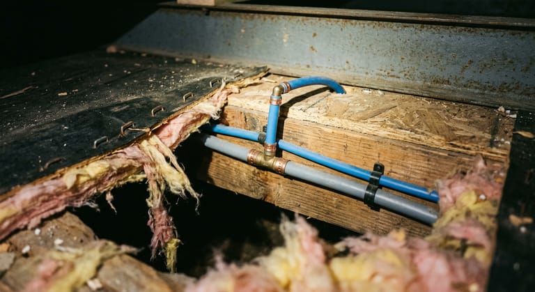 A thick main water supply line and a much thinner branch tube running side by side along a floor joist under a manufactured home, seen from below.