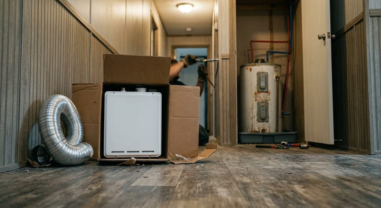 A wall mount tankless heater standing on the floor of a manufactured home hallway in front of the open closet holding the existing storage tank.