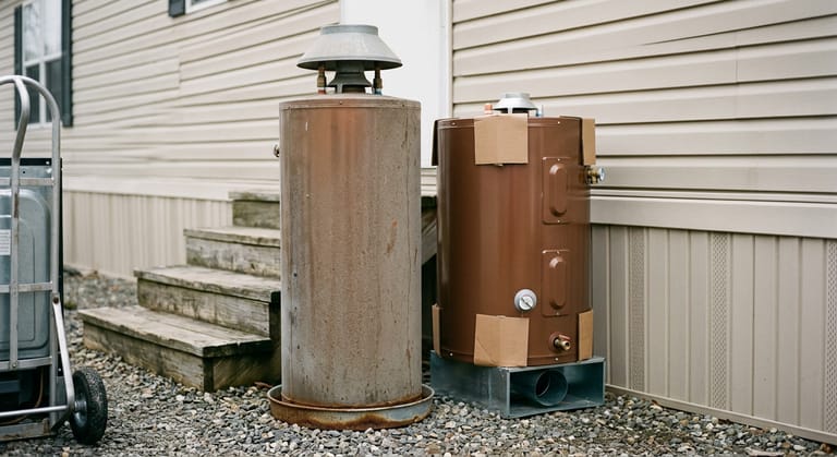 A tall standard household water heater and a shorter compact mobile home water heater standing side by side on gravel outside a manufactured home.