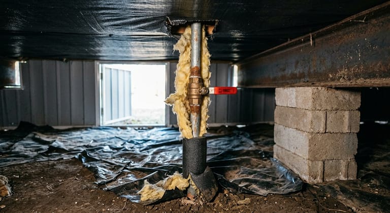 A brass ball valve with a red lever on the water riser under a mobile home, insulation slipped down the pipe and daylight coming through the open skirting panel.