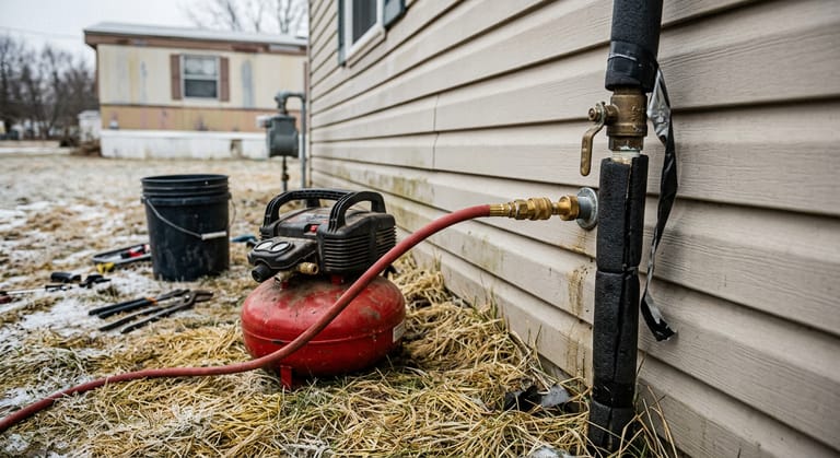 A portable air compressor connected by hose to the fresh water inlet at the skirting of a manufactured home, next to the insulated riser and its valve.